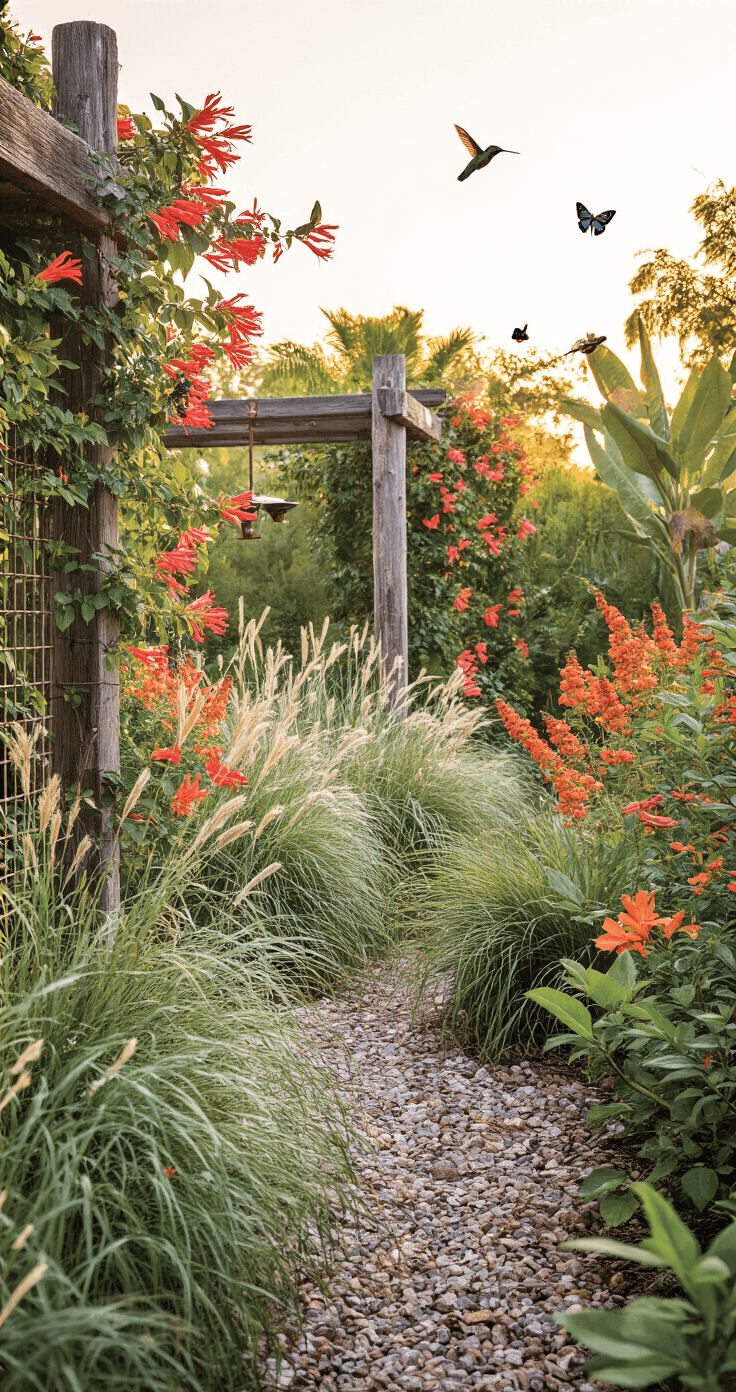 Florida Front Yard Landscaping: Creating a Stunning, Low-Maintenance Tropical Paradise A vibrant wildlife-friendly garden in Florida, filled with coral honeysuckle vines, red tropical sage, and firebush shrubs, buzzing with hummingbirds and butterflies, all illuminated by soft late afternoon light.