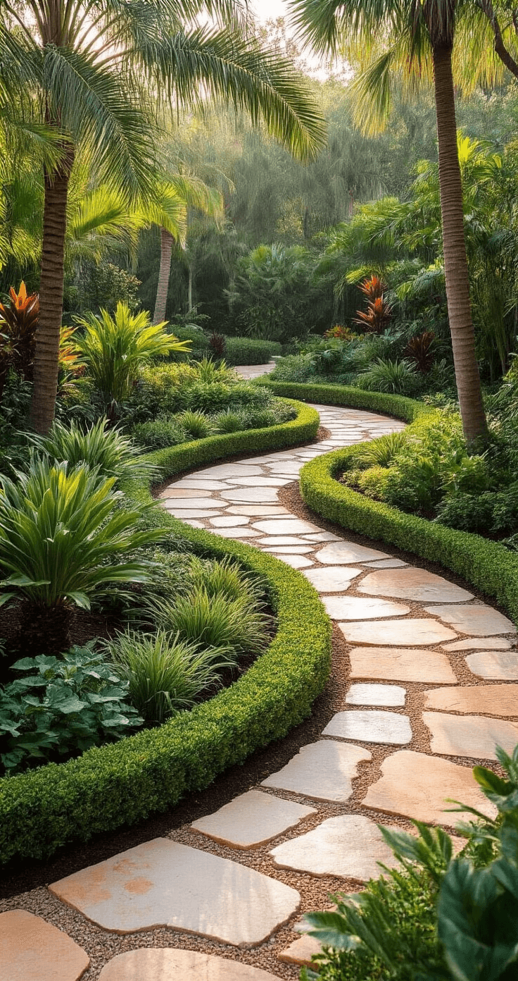 Florida Front Yard Landscaping: Creating a Stunning, Low-Maintenance Tropical Paradise Sophisticated curved landscape design featuring arcing planting beds bordered by coral stone, natural flagstone pathways, and strategic plant groupings, photographed in optimal morning light at 9 AM.