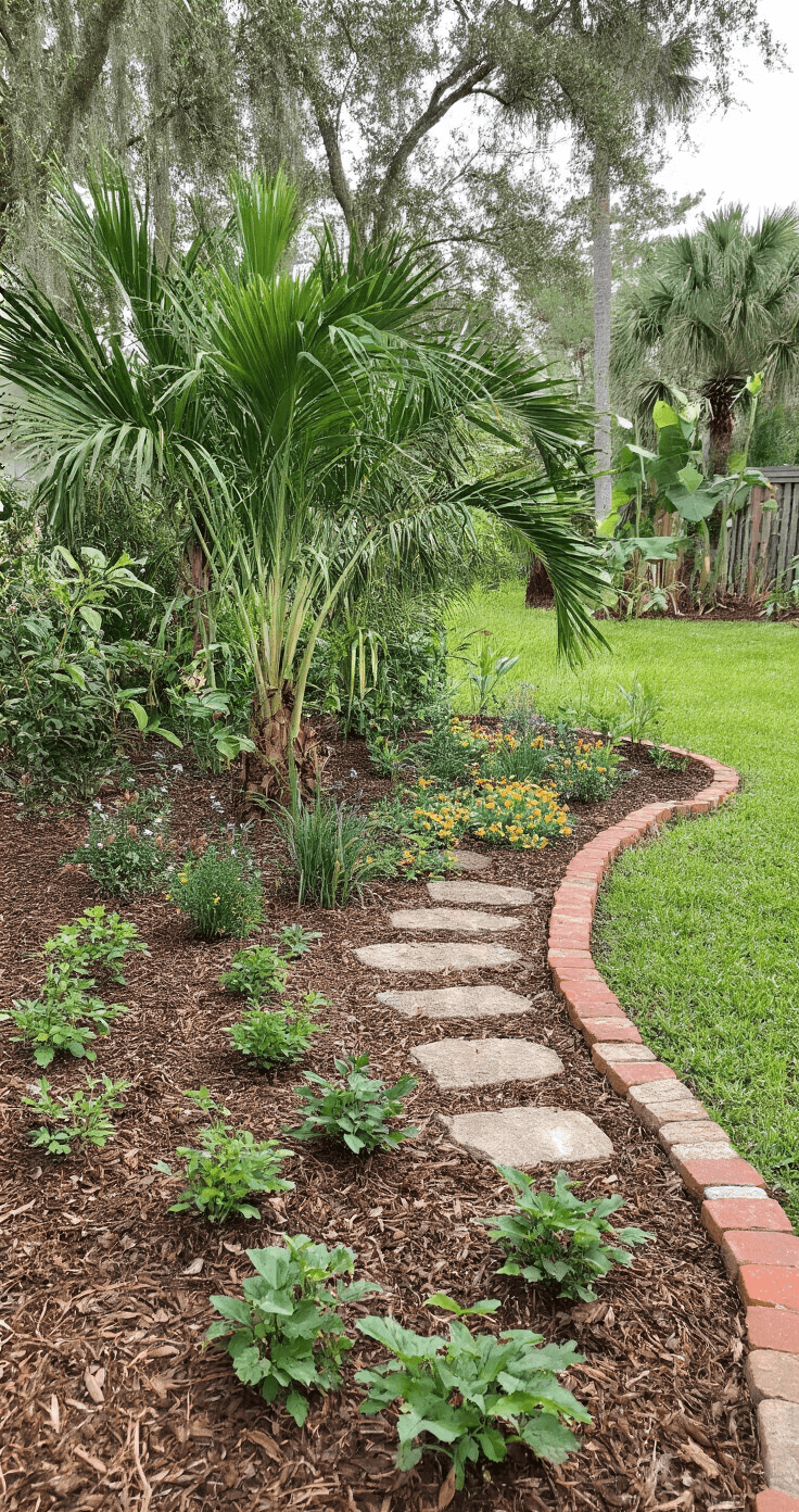 Florida Front Yard Landscaping: Creating a Stunning, Low-Maintenance Tropical Paradise A budget-friendly Florida front yard transformation featuring young native plants like coontie palms and beautyberry shrubs, with DIY elements such as repurposed brick edging and homemade stepping stone pathways in soft, even overcast light.