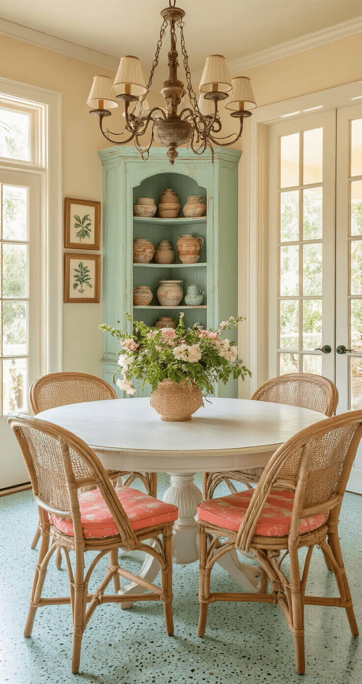Old Florida Decor: Capture the Nostalgic Coastal Charm of Vintage Florida Living Charming Old Florida dining room bathed in warm amber light during golden hour, featuring a distressed white table, mismatched vintage wicker chairs, and a weathered wood chandelier, all on original terrazzo floors with botanical prints adorning the walls.