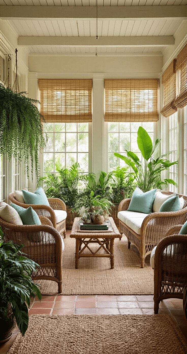 Old Florida Decor: Capture the Nostalgic Coastal Charm of Vintage Florida Living Expansive old Florida sunroom with coral stone floors, vintage rattan seating, and dappled sunlight filtering through bamboo blinds, showcasing lush tropical plants and natural textures.