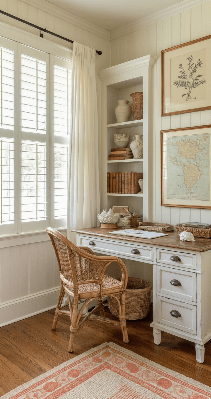 Old Florida Decor: Capture the Nostalgic Coastal Charm of Vintage Florida Living Cozy old Florida home office featuring heart pine floors, white beadboard wainscoting, and soft morning light through louvered windows, showcasing a vintage teak writing desk with nautical maps, coral specimens, and a rattan chair, surrounded by seafoam shelving, leather-bound books, and botanical prints.