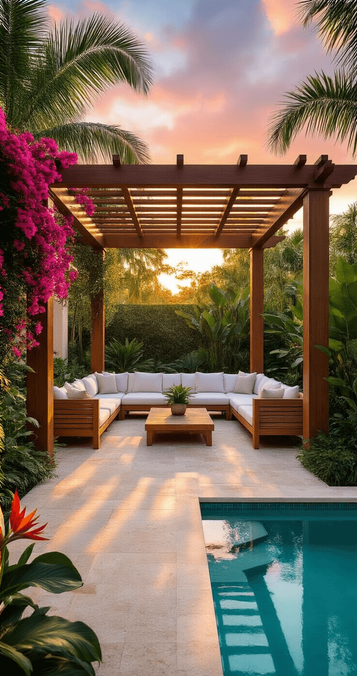 Florida Backyard Ideas: Transform Your Outdoor Space into a Tropical Paradise Photorealistic wide-angle view of a spacious Florida backyard oasis featuring a wooden pergola, lush tropical landscaping, and a turquoise pool at sunset.
