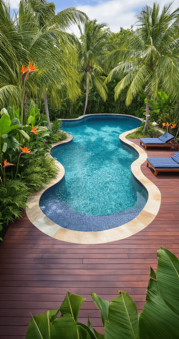 Florida Backyard Ideas: Transform Your Outdoor Space into a Tropical Paradise Elevated view of a kidney-shaped tropical pool surrounded by rich mahogany decking, featuring lush landscaping with vibrant plants, modern infinity edge, and cozy loungers, all illuminated by soft directional lighting and underwater LEDs.