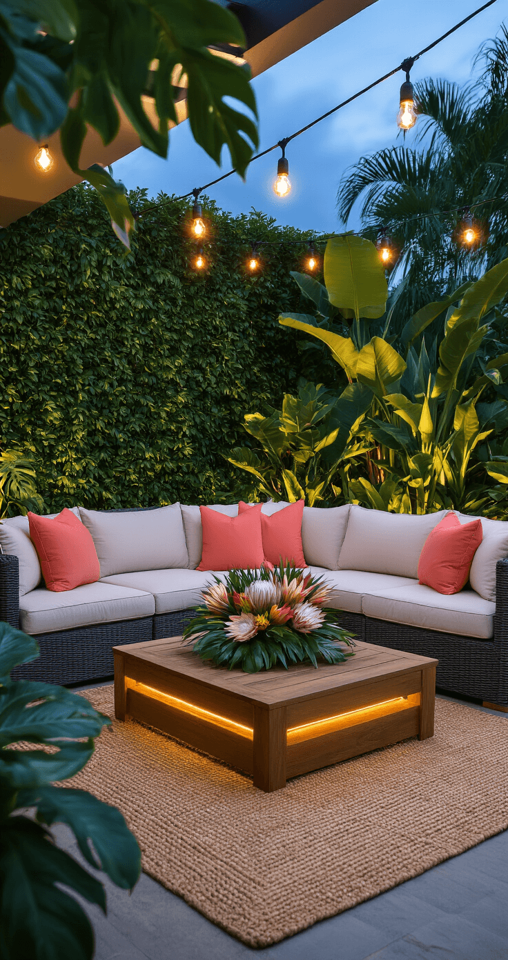 Florida Backyard Ideas: Transform Your Outdoor Space into a Tropical Paradise Cozy outdoor living room with charcoal gray wicker sectional sofa and ivory cushions, illuminated by warm uplighting during blue hour. Tropical floral arrangement on teak coffee table, surrounded by textured jute rug and lush greenery, with bokeh lights from string lights above.