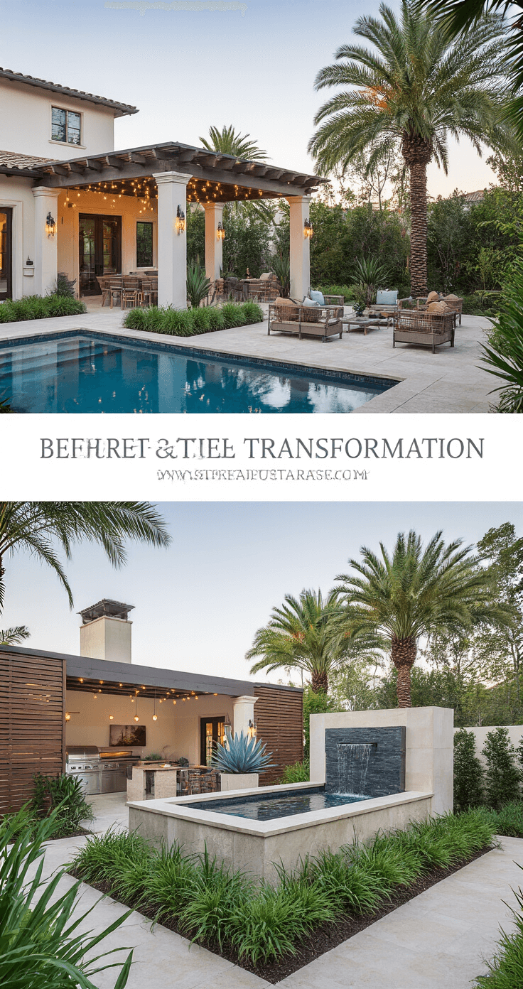 Florida Backyard Ideas: Transform Your Outdoor Space into a Tropical Paradise Before-and-after transformation of a backyard featuring organized zones such as a dining pergola, poolside lounging area, and lush planted borders, captured in soft morning light. Showcases new travertine pavers, mature royal palms, an updated outdoor kitchen, a sculptural agave centerpiece, a contemporary water feature, and architectural wood slat privacy screening.