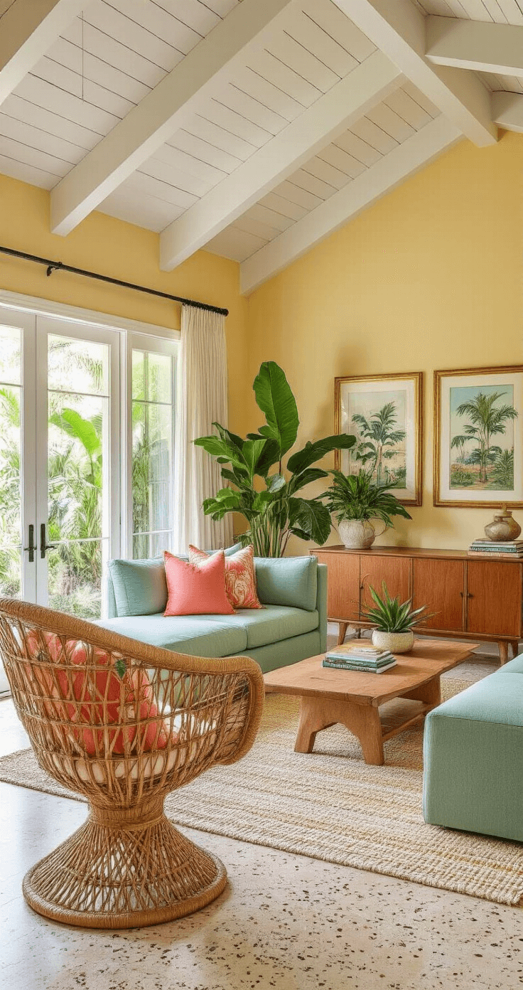 Vintage Florida Decor: Bringing Nostalgic Coastal Charm into Your Home Spacious vintage Florida living room with vaulted ceilings, tropical garden view, rattan peacock chair, mid-century credenza, layered rugs, seafoam green sectional, and tropical plants, all bathed in golden hour sunlight.