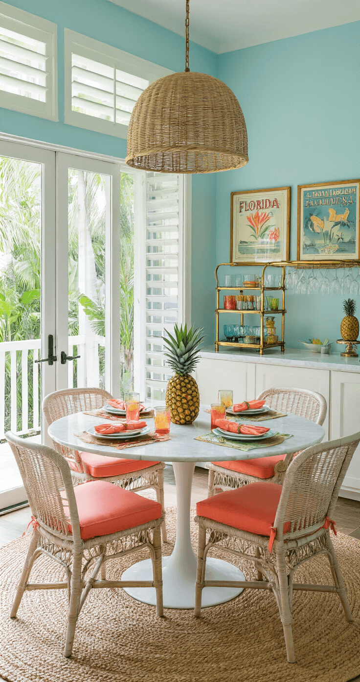 Vintage Florida Decor: Bringing Nostalgic Coastal Charm into Your Home Mid-century dining room filled with morning light, featuring a round tulip table with wicker chairs and coral cushions, a vintage bar cart, pastel blue walls with travel posters, a jute rug, and a rattan pendant light, all complemented by tropical views and a cheerful ambiance.