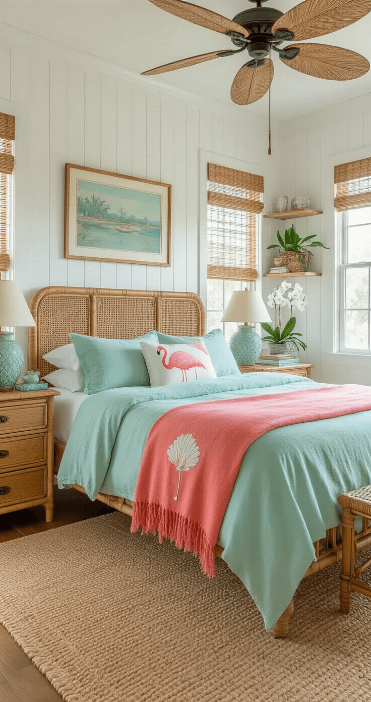 Vintage Florida Decor: Bringing Nostalgic Coastal Charm into Your Home Cozy bedroom retreat with white tongue-and-groove pine walls, king-size bed in seafoam green linen, coral throw blanket, vintage teak nightstands, ceramic lamps, natural sisal rug, potted orchids, mid-century dresser with shell collections, and wicker-blade ceiling fan, bathed in soft golden hour light.