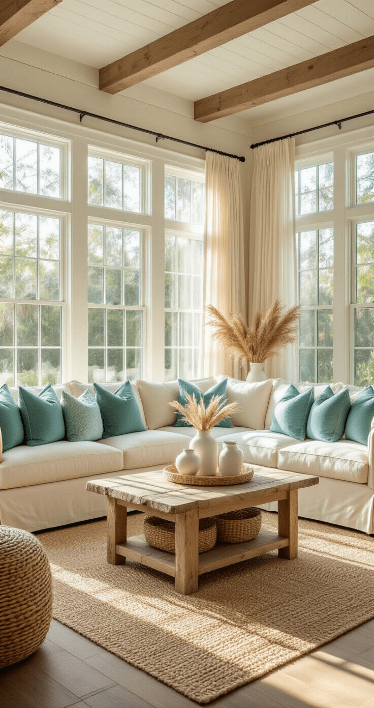 Transforming Your Florida Room: A Sunshine-Filled Decor Guide A bright and airy 200 sq ft Florida room with floor-to-ceiling windows, featuring a cream sectional sofa with ocean blue and sage green pillows, a driftwood coffee table, coastal decor, and warm, filtered sunlight.