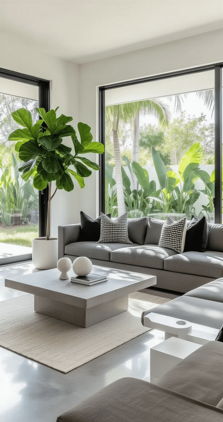 Transforming Your Florida Room: A Sunshine-Filled Decor Guide A modern minimalist Florida room with a charcoal gray sectional, floor-to-ceiling glass panels, a live-edge concrete coffee table, and a fiddle leaf fig in a white ceramic planter, featuring polished concrete floors and white oak floating shelves.