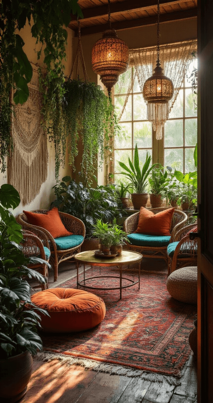 Transforming Your Florida Room: A Sunshine-Filled Decor Guide A bohemian paradise Florida room filled with layered textiles and greenery, featuring terracotta and teal Moroccan floor cushions, a low brass coffee table, vintage rattan chairs, and macramé wall hangings. Multiple potted plants create a jungle atmosphere, with overlapping Persian-style rugs on weathered wooden floors and warm, amber lighting casting dramatic shadows.