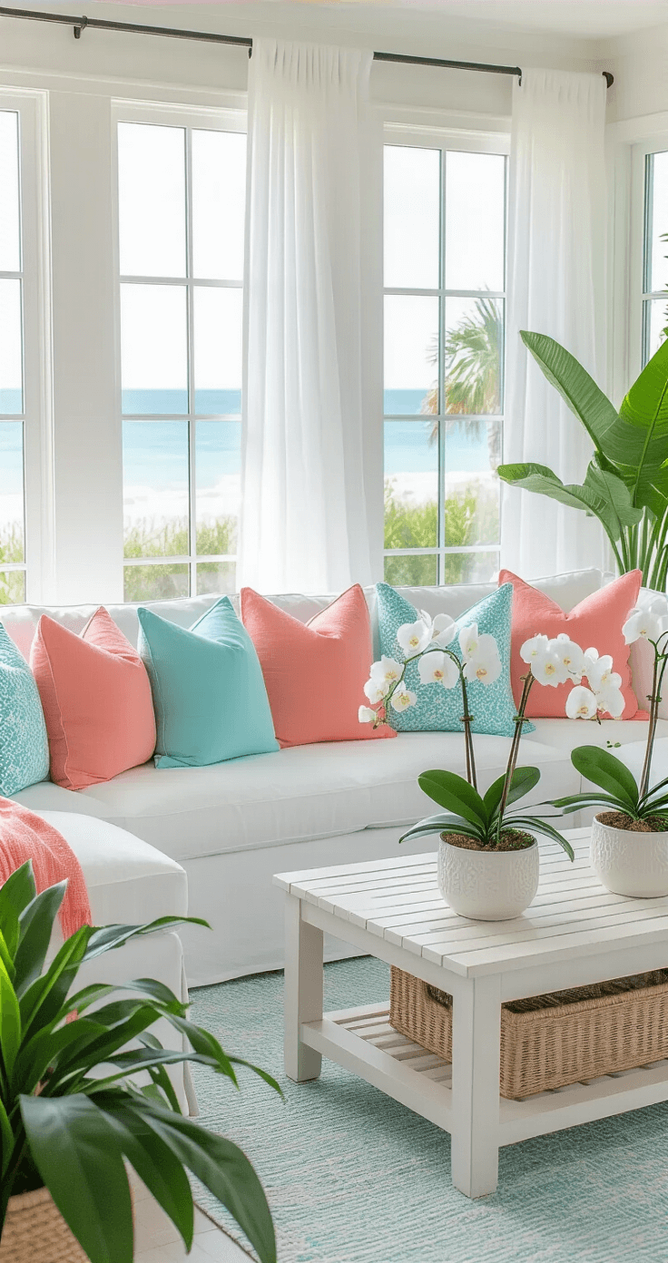 Transforming Your Florida Room: A Sunshine-Filled Decor Guide Brightly lit Florida room styled for summer, featuring a white linen sectional with coral and aqua pillows, a whitewashed teak coffee table with orchids, sheer curtains, tropical plants, rattan accents, and a pale blue vintage rug, all captured in a breezy, light atmosphere.