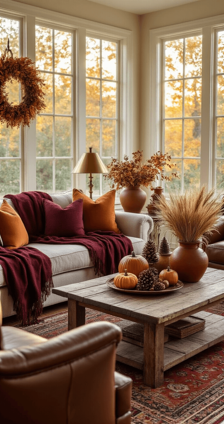 Transforming Your Florida Room: A Sunshine-Filled Decor Guide Cozy Florida room adorned for fall with amber afternoon light, featuring rich burgundy and burnt orange throw blankets, rustic ceramic pots with seasonal foliage and small pumpkins, a reclaimed wood coffee table with autumn centerpieces, warm brass lamps, layered Persian rugs, and vintage leather chairs.