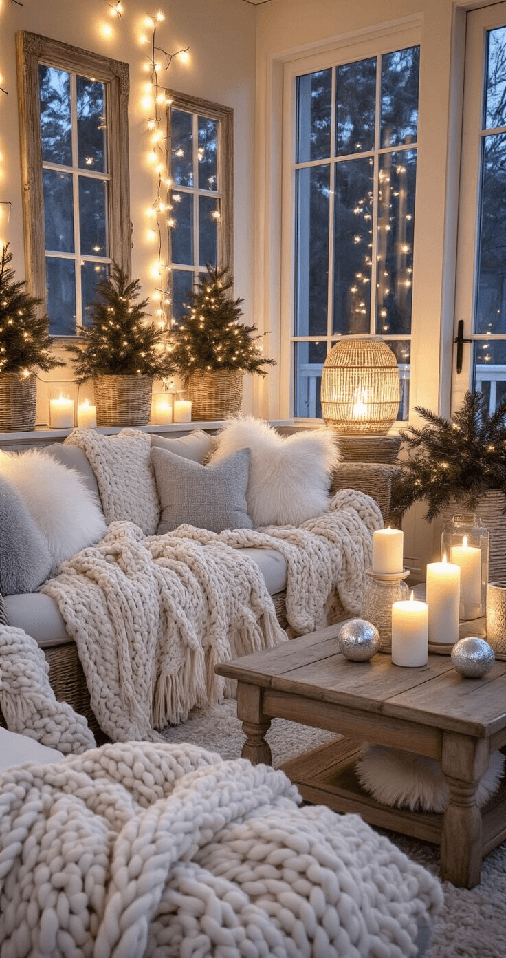 Transforming Your Florida Room: A Sunshine-Filled Decor Guide A cozy winter evening Florida room with soft lighting, featuring chunky knit throws, plush seating, rattan lamps, string lights, evergreen plants, and a vintage wooden coffee table styled with white candles and silver accents, all captured during blue hour.