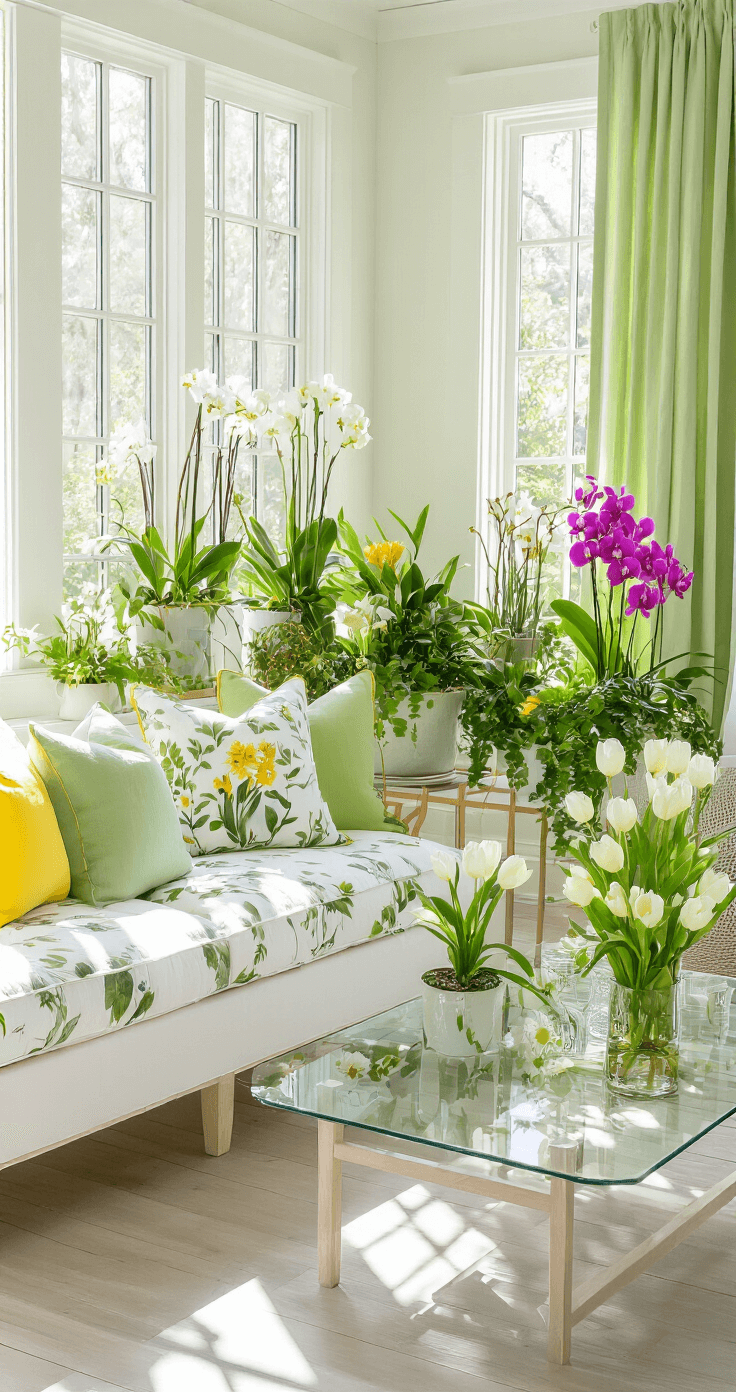 Transforming Your Florida Room: A Sunshine-Filled Decor Guide A bright Florida room filled with spring flowers and greenery, featuring white and sage green seating with botanical print pillows, modern plant stands with orchids and bromeliads, and a glass-top coffee table adorned with white tulips, all illuminated by morning sunlight.