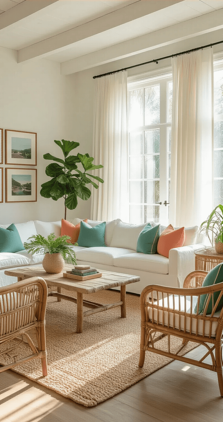 Embrace the Florida Style: Your Ultimate Guide to Coastal, Vintage-Inspired Home Decor Bright airy living room featuring a plush white slipcovered sectional sofa with seafoam green and coral throw pillows, surrounded by a natural jute rug, rattan accent chairs, and a bamboo side table. Sunlight streams through floor-to-ceiling white linen curtains, illuminating the space with warm white walls and vintage coastal photography. Tropical plants like fiddle leaf fig and monstera add greenery, while exposed white-painted ceiling beams enhance the architectural interest.