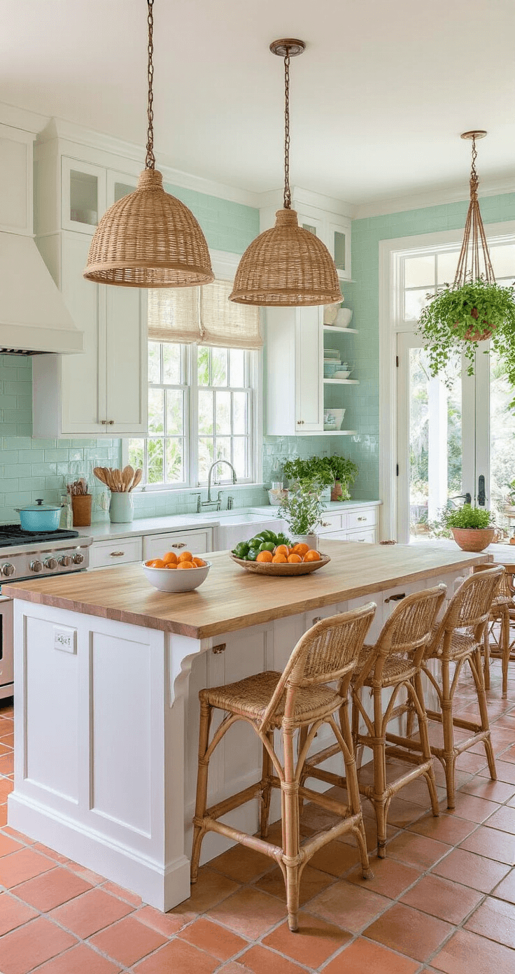 Embrace the Florida Style: Your Ultimate Guide to Coastal, Vintage-Inspired Home Decor Spacious Florida-style kitchen featuring white shaker cabinets, butcher block countertops, and mint green subway tile backsplash, with natural rattan pendant lights, a large island with woven bar stools, and farmhouse sink overlooking a tropical garden, all bathed in natural light.