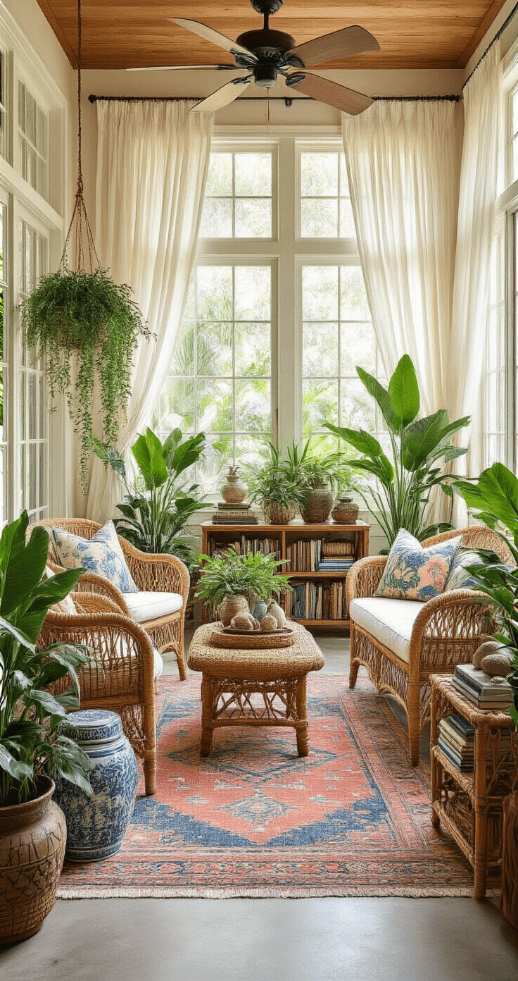 Embrace the Florida Style: Your Ultimate Guide to Coastal, Vintage-Inspired Home Decor Vintage Florida sunroom with mismatched rattan furniture, abundant tropical plants, and dappled natural lighting creating a tranquil reading retreat atmosphere.