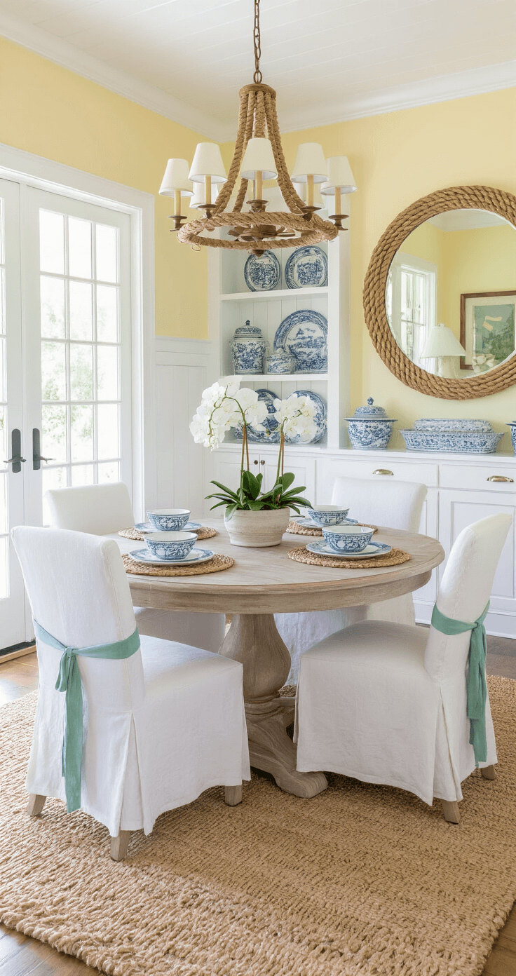Embrace the Florida Style: Your Ultimate Guide to Coastal, Vintage-Inspired Home Decor Elegant Florida dining room featuring an oval driftwood table with white slipcovered parsons chairs, shiplap wainscoting, a vintage brass chandelier, and a large rope-framed mirror reflecting light from French doors. The space is styled with coral dinnerware, candles, fresh orchids, and coastal prints, all set against warm yellow walls and a natural jute rug.
