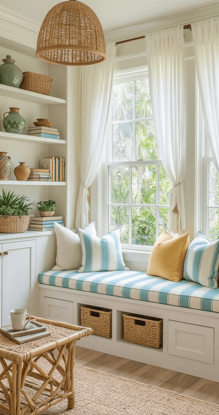 Embrace the Florida Style: Your Ultimate Guide to Coastal, Vintage-Inspired Home Decor Cozy Florida-style reading nook in bay window with built-in bench, coral and aqua striped cushions, vintage books, and tropical plants. Sheer curtains frame garden views, while layered pillows and a bamboo side table add comfort. Jute pendant light provides illumination, complemented by woven baskets and a succulent collection. Whitewashed wood floors enhance the coastal charm.