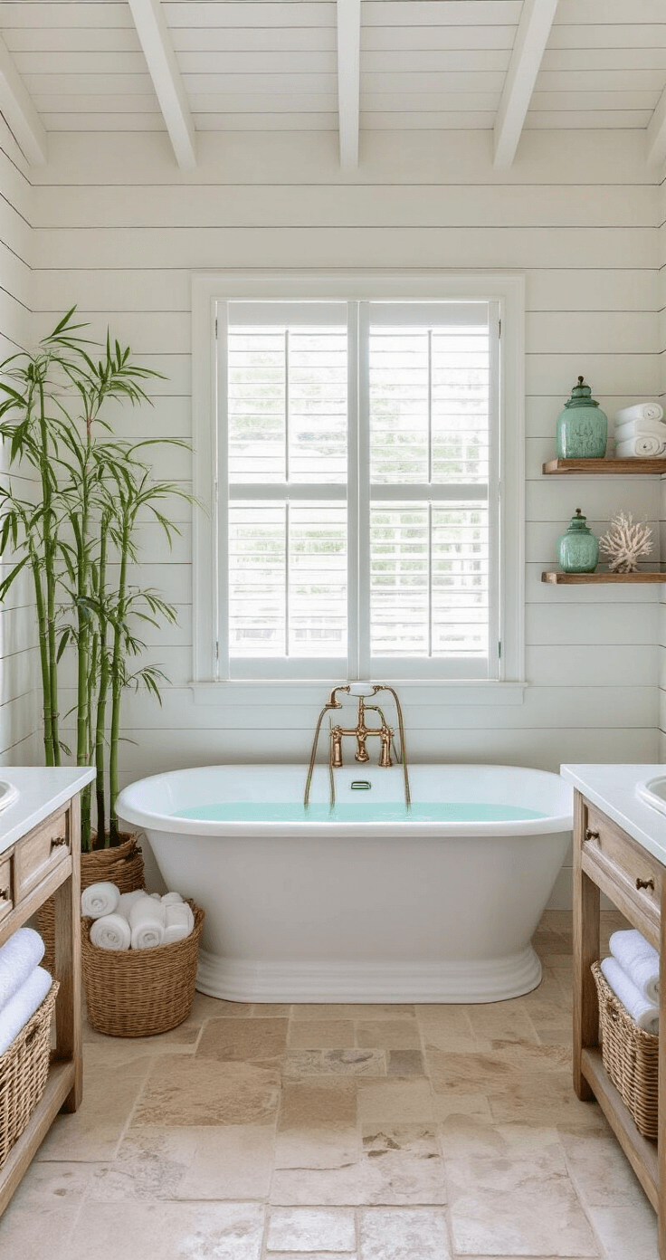 Embrace the Florida Style: Your Ultimate Guide to Coastal, Vintage-Inspired Home Decor Spacious Florida-style bathroom with freestanding white clawfoot tub under a large window, whitewashed shiplap walls, reclaimed driftwood double vanity with brass fixtures, and decorative coastal styling elements, capturing a serene and luxurious retreat atmosphere.