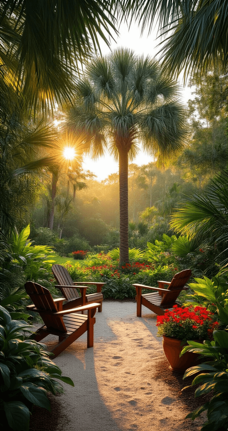 Creating Your Perfect Florida Garden: A Tropical Paradise at Home Photorealistic wide-angle view of a vibrant Florida garden at golden hour, featuring a majestic palm, colorful native plants, weathered Adirondack chairs, and warm amber sunlight casting dappled shadows.