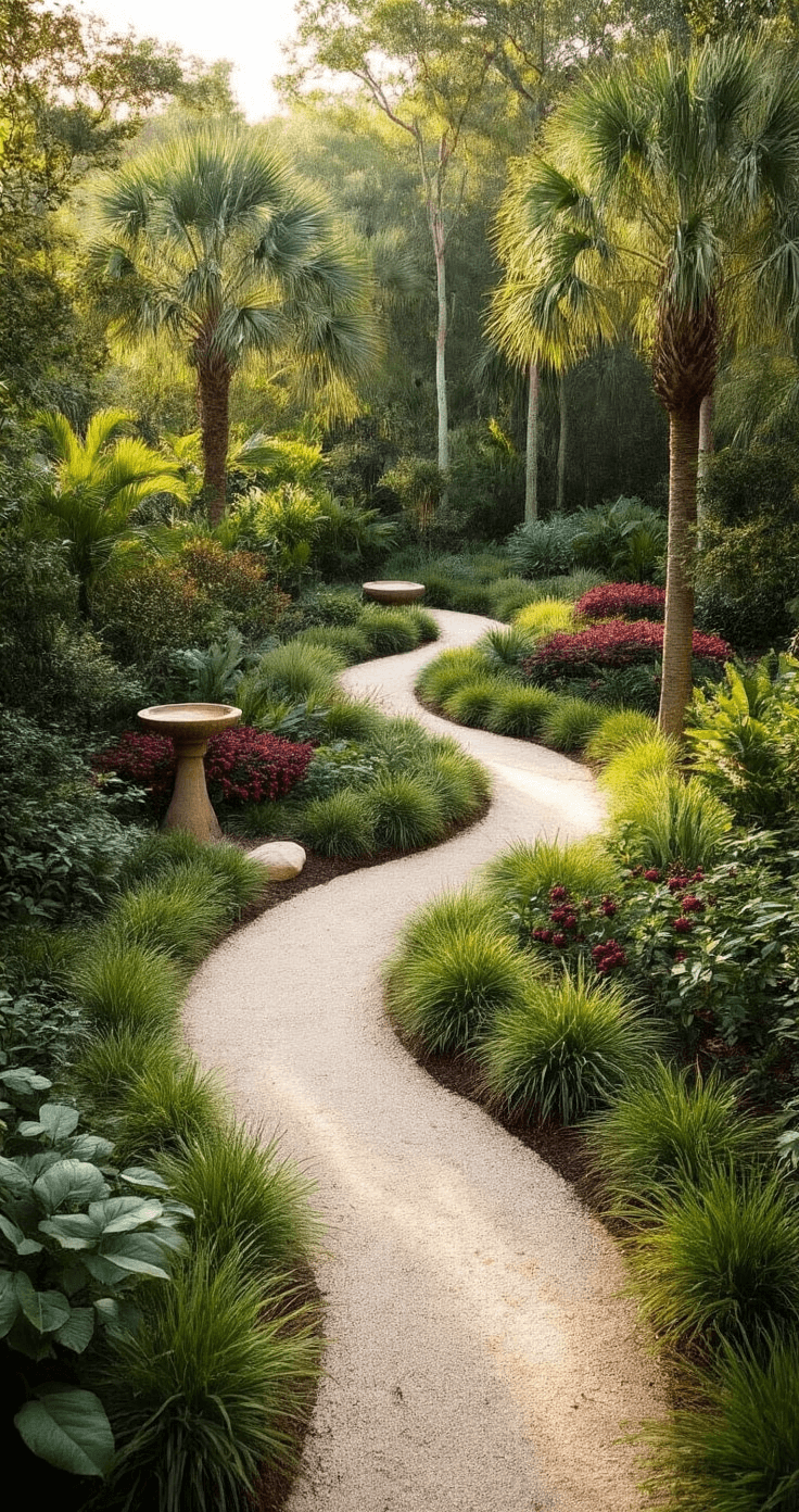 Creating Your Perfect Florida Garden: A Tropical Paradise at Home Elevated view of a layered Florida garden featuring Silver Palms, firebush, beautyberry shrubs, and native grasses, with a sandy pathway, rustic bird bath, and decorative stones; showcasing vibrant greens and purples, designed for wildlife attraction.