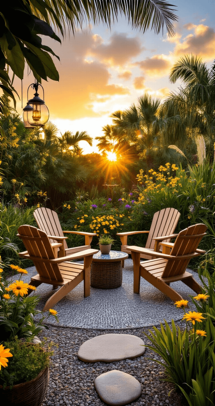 Creating Your Perfect Florida Garden: A Tropical Paradise at Home Cozy sunset garden seating area with Adirondack chairs, mosaic side table, blooming wildflowers, and tropical foliage, featuring warm backlighting and decorative lanterns.