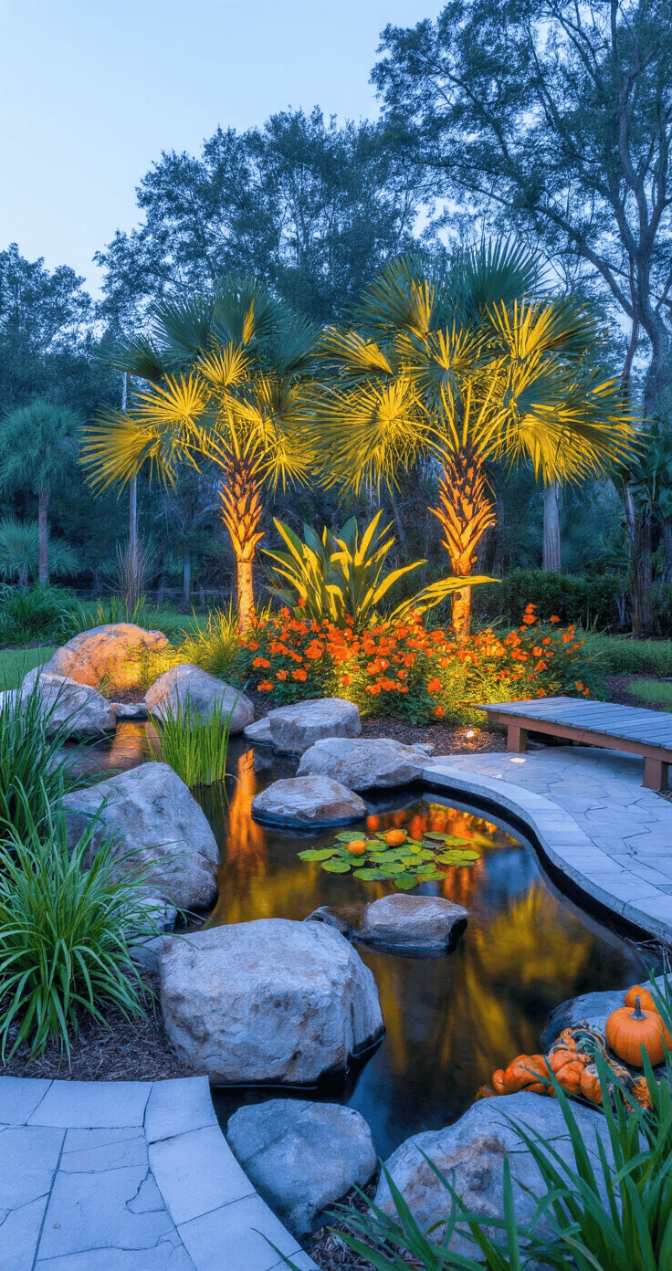 Creating Your Perfect Florida Garden: A Tropical Paradise at Home A stunning water feature garden at blue hour, featuring a naturalistic pond surrounded by boulders, native grasses, and illuminated Sabal palmettos and firebush, with a curved flagstone path, wooden bridge, and seasonal autumn decorations.