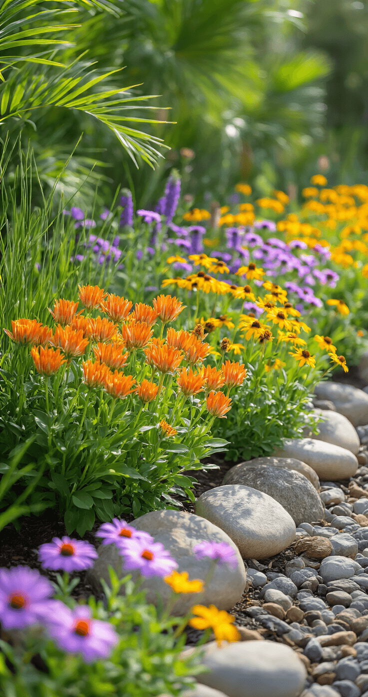 Creating Your Perfect Florida Garden: A Tropical Paradise at Home Macro photography of a native Florida wildflower garden bed featuring orange milkweed, purple asters, and yellow coreopsis, accented by grasses, river rocks, and weathered wood, with a softly blurred background of palm fronds.