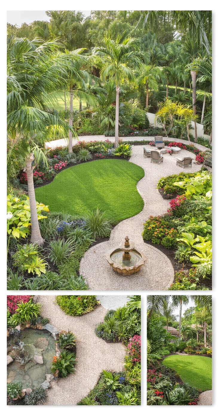 Creating Your Perfect Florida Garden: A Tropical Paradise at Home Aerial view of a transformed 30x20 foot Florida garden showcasing a palm grove, flowering shrubs, a central lawn, decorative fountain, crushed shell paths, and seating areas, featuring vibrant colors and textures in a low-maintenance tropical landscape.