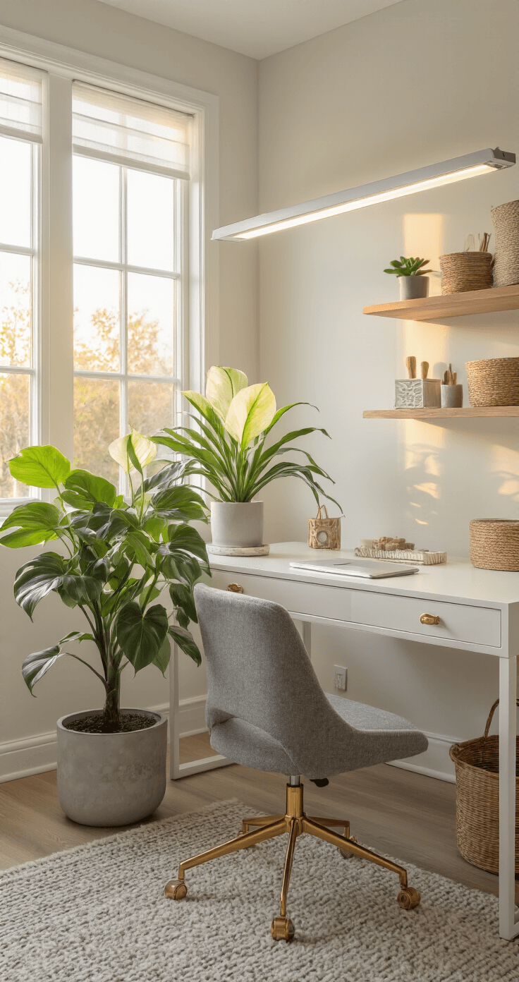 Philodendron Florida Ghost: The Ghostly Marvel of Houseplant Collectors An elegant home office with warm amber lighting, featuring a Philodendron Florida Ghost in a concrete planter next to a white Scandinavian desk, complemented by a gray wool chair, natural fiber baskets, and floating shelves.
