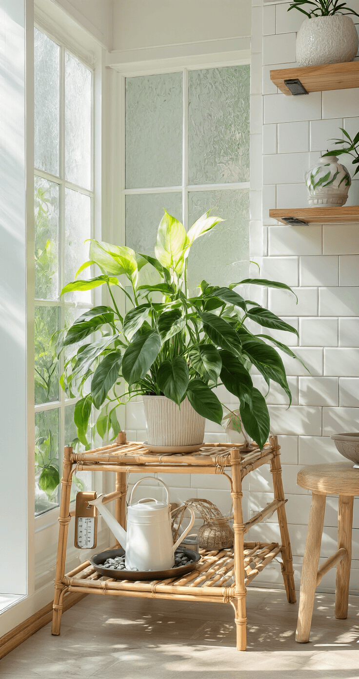 Philodendron Florida Ghost: The Ghostly Marvel of Houseplant Collectors A bright sunroom with a three-tiered bamboo plant stand showcasing a Philodendron Florida Ghost in various growth stages, surrounded by a brass moisture meter, white ceramic watering can, and a humidity tray with river stones, featuring white subway tile walls and natural wood shelving.
