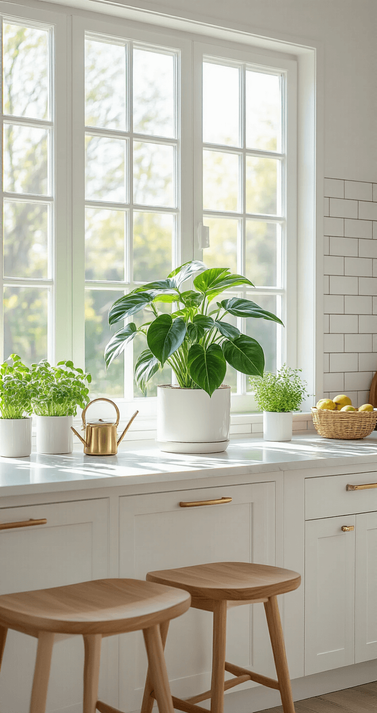 Philodendron Florida Ghost: The Ghostly Marvel of Houseplant Collectors A modern kitchen with a Philodendron Florida Ghost as a living art piece on a bright windowsill, featuring white quartz countertops, white shaker cabinets, natural wood bar stools, and a subway tile backsplash, captured in brilliant morning light. Complementary elements include a brass watering can, ceramic plant markers, fresh herbs in white planters, and a woven fruit basket, all blending pure whites, warm woods, and brass accents with pops of green.