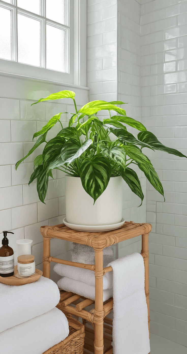 Philodendron Florida Ghost: The Ghostly Marvel of Houseplant Collectors A luxurious bathroom features a thriving Philodendron Florida Ghost in a white ceramic planter on a bamboo shower caddy, surrounded by white marble walls, white subway tiles, and brass fixtures, with soft morning light illuminating the space.
