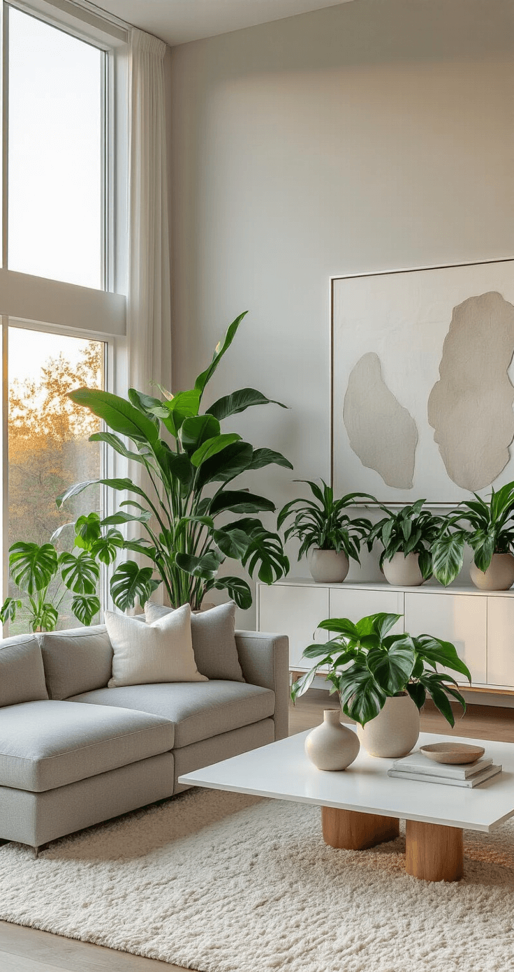 Philodendron Florida Ghost: The Ghostly Marvel of Houseplant Collectors Contemporary living room featuring a collection of Philodendron Florida Ghost plants in various growth stages, illuminated by golden evening light, with a gray sectional sofa, white oak coffee table, and abstract art, creating a sophisticated plant collector's display.