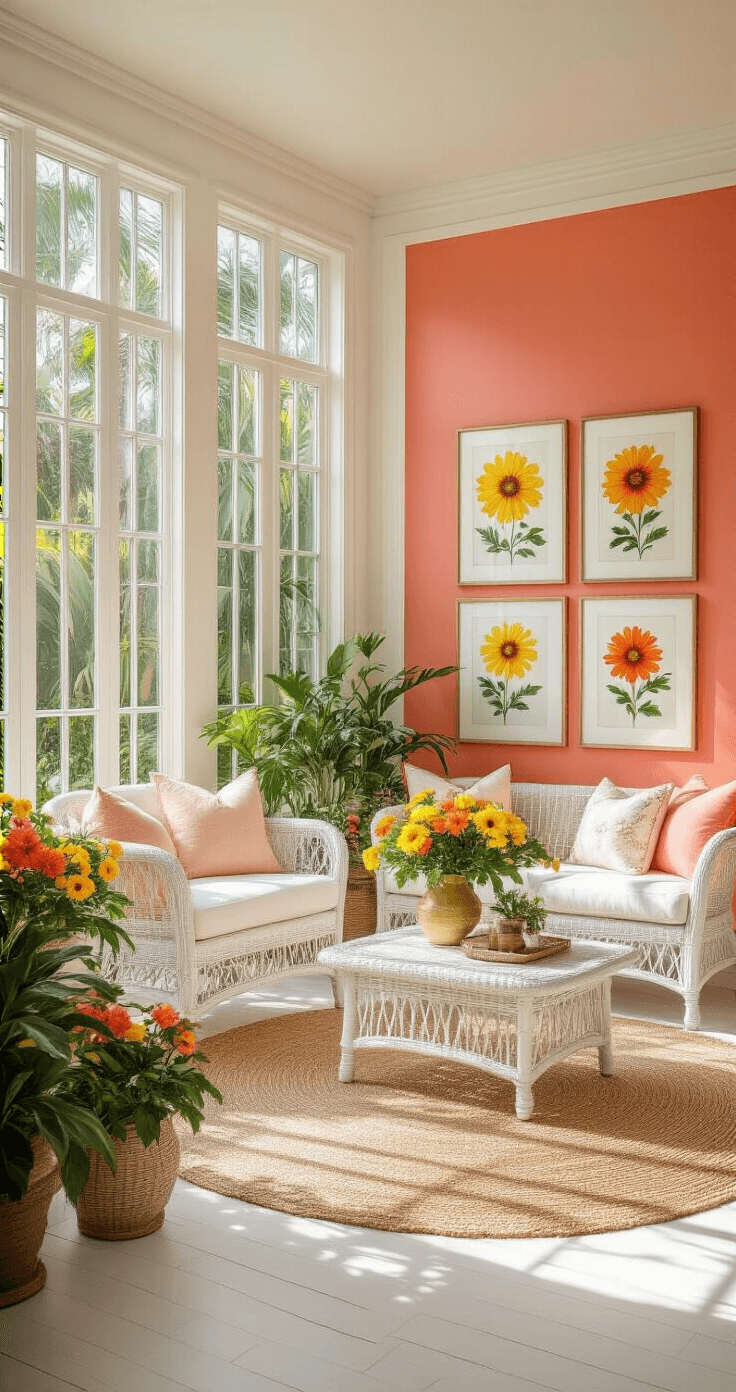 Florida's Vibrant Flower Paradise: A Gardener's Guide to Native and Tropical Blooms Photorealistic interior of a bright Florida sunroom featuring white wicker furniture, a coral-painted accent wall with botanical prints, vintage brass planters with artificial hibiscus, and a natural jute rug, all bathed in mid-morning golden light.