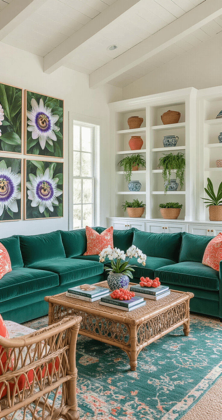 Florida's Vibrant Flower Paradise: A Gardener's Guide to Native and Tropical Blooms Wide-angle view of an eclectic Florida living room featuring exposed white-painted wood beams, a jewel-toned emerald velvet sectional, and a gallery wall of oversized passion flower photography. The vintage rattan coffee table is styled with Florida gardening books, fresh white orchids, and coral accessories, set on layered Persian and jute rugs. Built-in white bookcases display ceramic planters with trailing pothos, creating a rich, tropical atmosphere with deep teals, emerald greens, and warm coral accents.