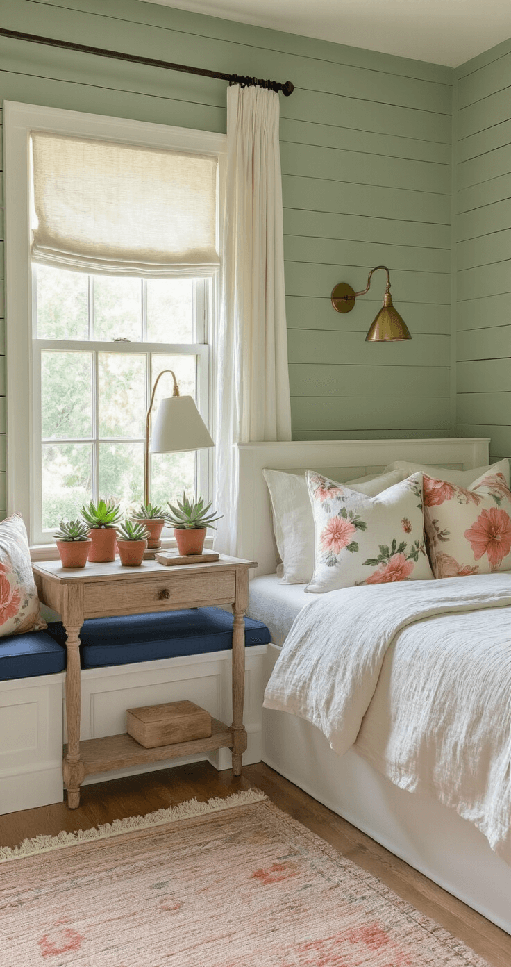 Florida's Vibrant Flower Paradise: A Gardener's Guide to Native and Tropical Blooms Intimate corner of a Florida bedroom featuring a sage green shiplap accent wall, whitewashed oak platform bed with cream and dusty rose linen bedding, vintage nightstand with potted succulents and a brass lamp, and a window seat with navy blue cushions and hibiscus print throw pillows, all bathed in soft morning light with natural fiber curtains.