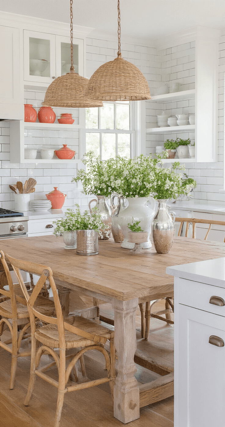 Florida's Vibrant Flower Paradise: A Gardener's Guide to Native and Tropical Blooms Spacious Florida kitchen dining area featuring a reclaimed wood farmhouse table with mercury glass vessel centerpiece, surrounded by white shaker cabinets and open shelving, all illuminated by bright noon lighting and adorned with coral and cream ceramics, rattan pendant lights, and a window herb garden with native plants.