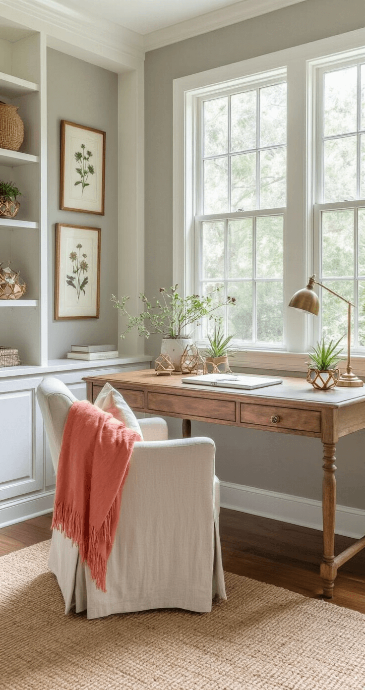 Florida's Vibrant Flower Paradise: A Gardener's Guide to Native and Tropical Blooms Elegant home office in Florida with built-in white bookcases, warm gray walls, and natural light from large windows. Features a vintage wooden desk with brass accessories and air plants, a gallery wall of pressed flowers and botanical illustrations, a cream linen reading chair with a coral throw blanket, and a natural jute rug on warm wood floors.