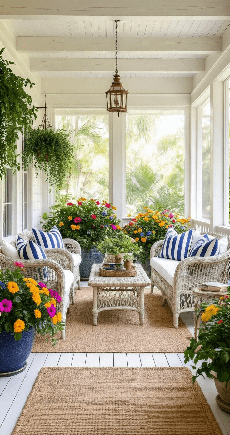 Florida's Vibrant Flower Paradise: A Gardener's Guide to Native and Tropical Blooms Cozy Florida screened porch featuring vintage wicker furniture with navy blue and white striped cushions, surrounded by colorful lantana and hibiscus in large planters, under a white-painted tongue-and-groove ceiling, with warm golden hour lighting and whitewashed wood floors.