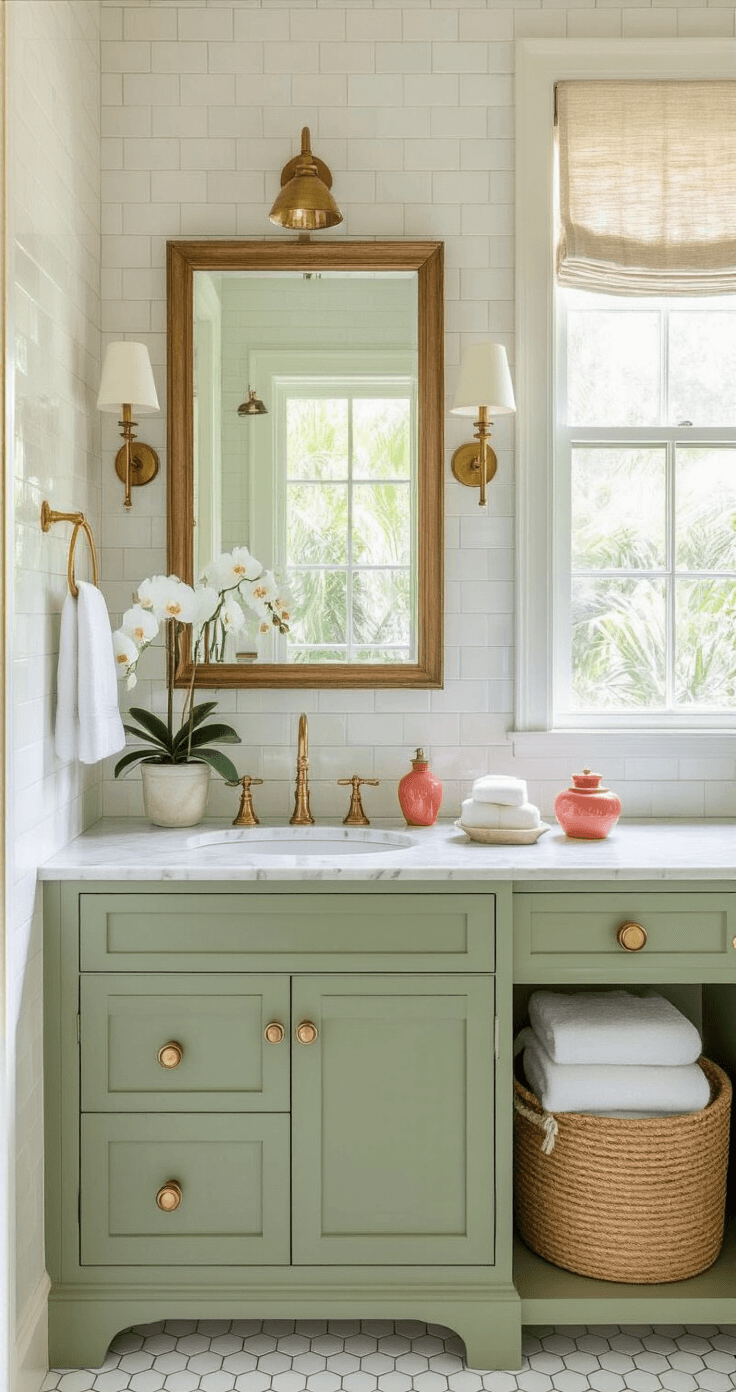 Florida's Vibrant Flower Paradise: A Gardener's Guide to Native and Tropical Blooms Sophisticated Florida bathroom featuring an 8x12 layout with marble subway tiles, brass fixtures, and vintage sage green vanity topped with marble; adorned with potted orchids. A large mirror reflects tropical garden views, while a built-in niche holds white towels and coral accessories. Natural fiber window treatments filter soft light, complemented by hexagon floor tiles in warm white. A serene, spa-like atmosphere is achieved with soft greens, warm whites, and brass accents.