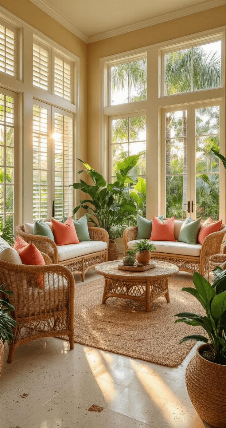 Designing Your Dream Florida Zone 9 Landscape: A Tropical Paradise Awaits Wide-angle shot of a sunny Florida sunroom featuring floor-to-ceiling windows, natural rattan furniture with sage green and coral pillows, polished terrazzo floors, and tropical decor, capturing a warm and inviting indoor-outdoor living space at golden hour.