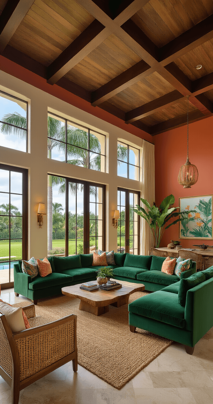 Designing Your Dream Florida Zone 9 Landscape: A Tropical Paradise Awaits Luxurious Florida living room featuring vaulted ceilings with wooden beams, oversized windows overlooking manicured grounds, rich mahogany furniture, a deep green velvet sectional sofa, and a live-edge wood coffee table, adorned with a warm terracotta color palette and tropical decor.