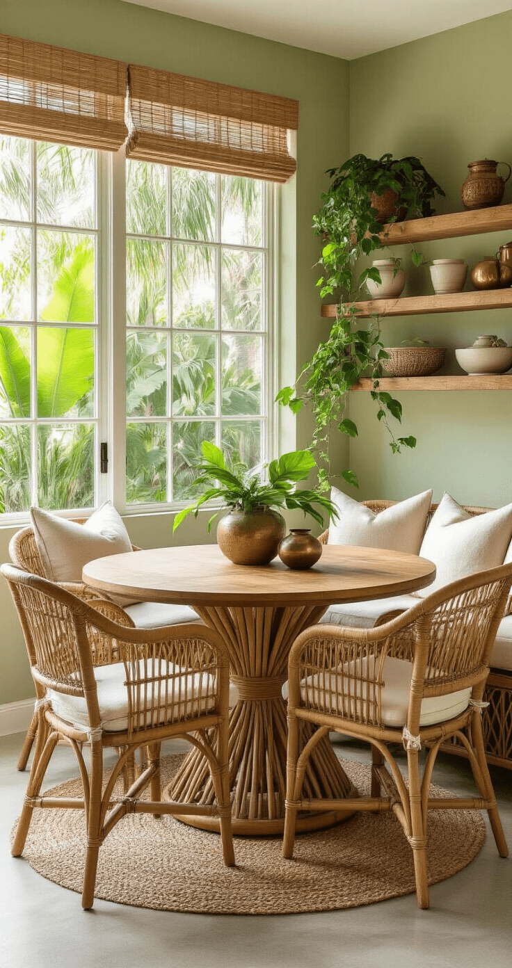 Designing Your Dream Florida Zone 9 Landscape: A Tropical Paradise Awaits Intimate Florida dining nook at sunrise with a round teak table, woven rattan chairs, and large windows showcasing palmetto palms and bougainvillea. Soft sage green walls, natural wood shelves with tropical pottery, and textural contrasts from concrete floors and jute placemats enhance the cozy, budget-friendly tropical aesthetic.