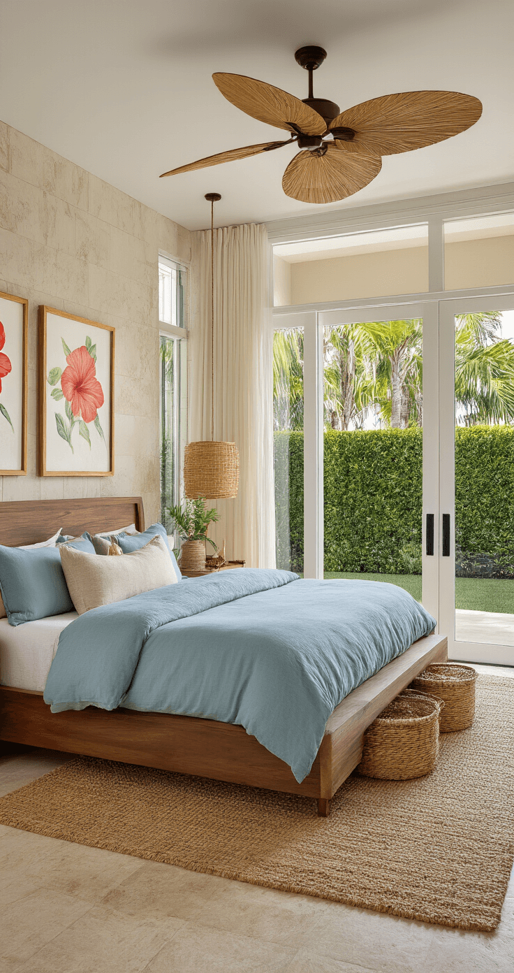 Designing Your Dream Florida Zone 9 Landscape: A Tropical Paradise Awaits Spacious Florida bedroom at golden hour featuring a walnut king-sized bed with ocean blue and sandy beige linens, floor-to-ceiling sliding doors revealing palm trees, a jute rug, a travertine accent wall, and tropical-inspired artwork in warm ivory and coral tones.
