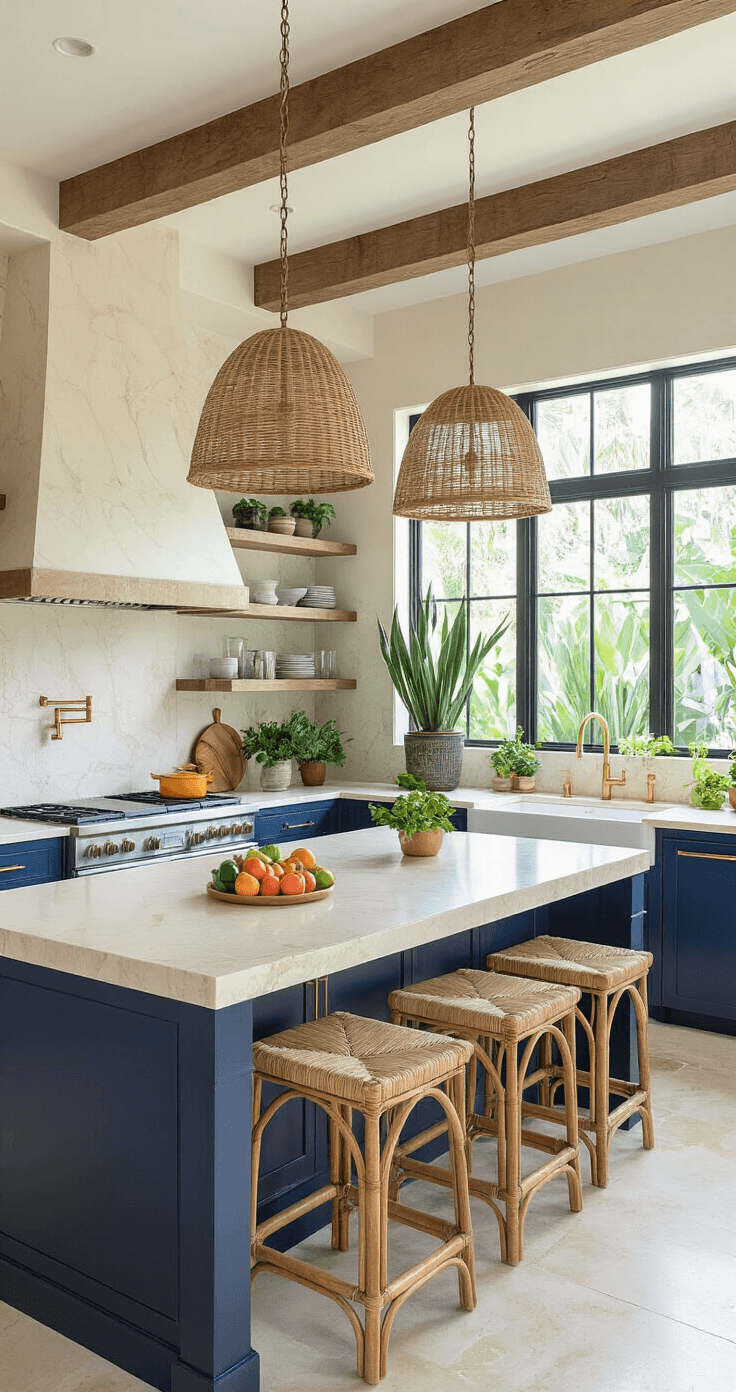 Designing Your Dream Florida Zone 9 Landscape: A Tropical Paradise Awaits A contemporary Florida kitchen bathed in mid-morning light, featuring a large quartzite island, navy blue cabinetry with brass hardware, and a tropical-inspired decor with agave and hibiscus plants visible through the windows. The space includes a marble backsplash, wooden beams, and polished concrete floors, accented by natural rattan pendant lights and vibrant fruit and herb displays.