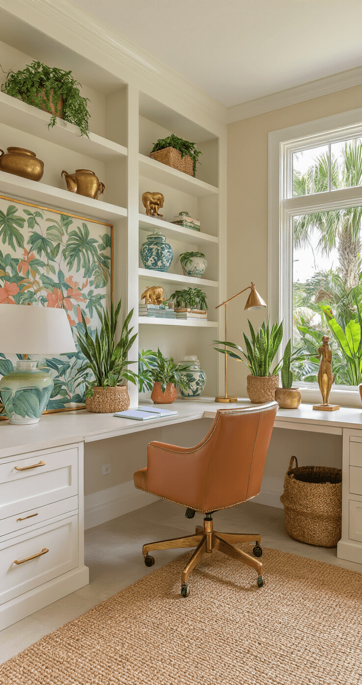 Designing Your Dream Florida Zone 9 Landscape: A Tropical Paradise Awaits Elegant Florida home office with built-in shelving displaying tropical ceramics and plants, large teak desk facing palm tree views, cognac leather chair, jute rug, and vibrant artwork under natural and LED lighting.